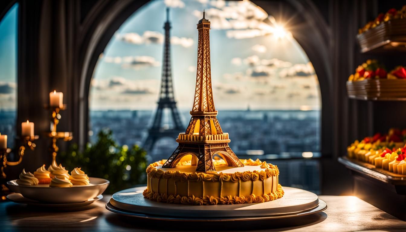 Eiffel Tower Cake Sculpture in Photorealistic Style
