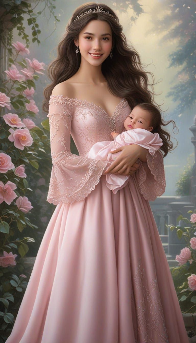 Princess in Enchanting Fantasy Gown Bonds with Baby Boy