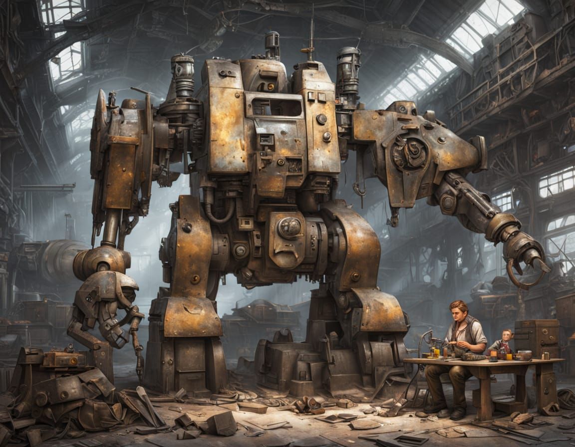 Father and Child Lunch Break with Giant Mech