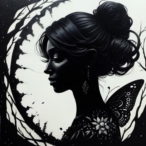 Fairy Silhouette in Paint Splash Art Forest