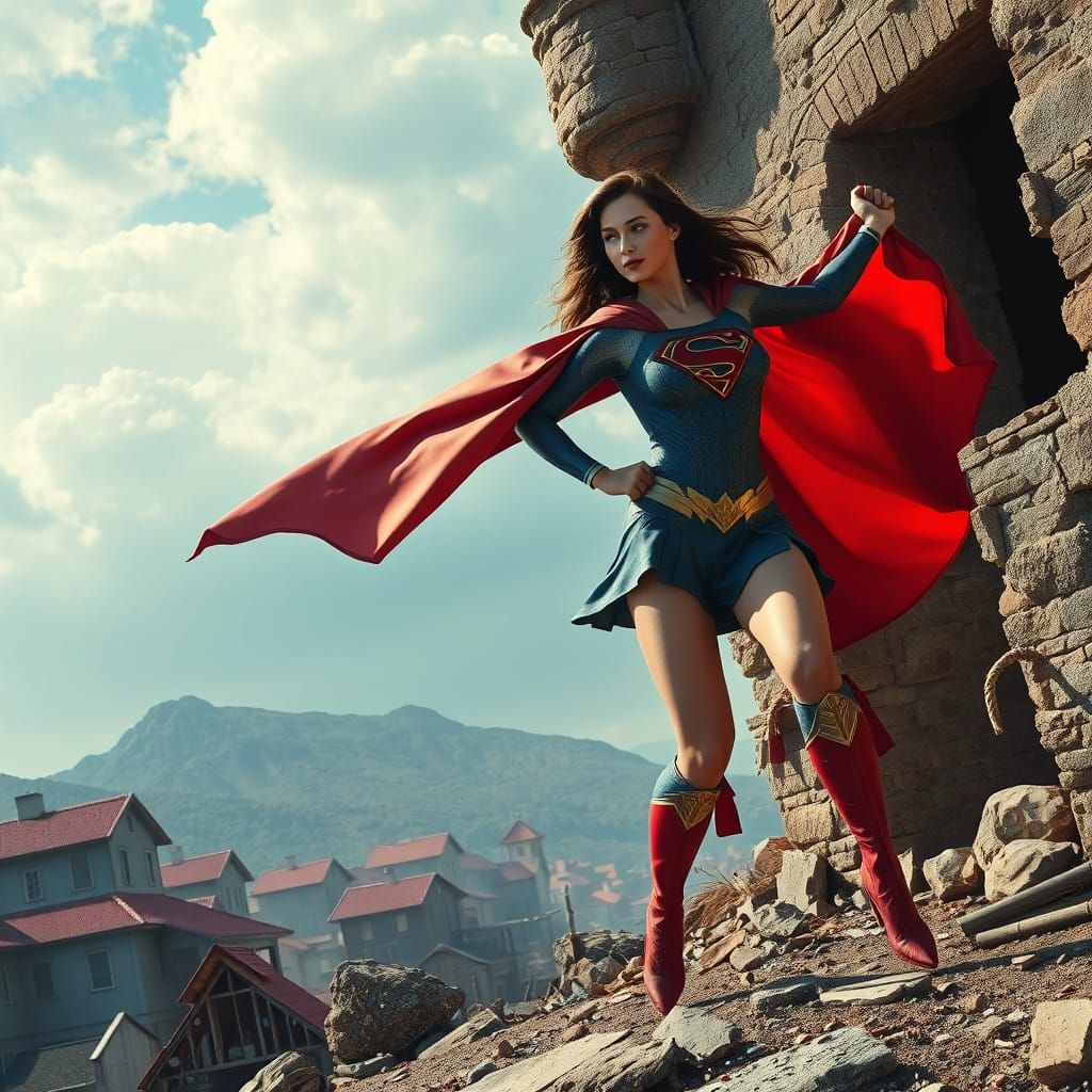 Superwoman's Long Cape in Ruined Town