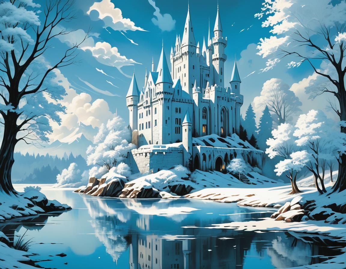 Luminescent White Castle in Monochromatic Oil Painting
