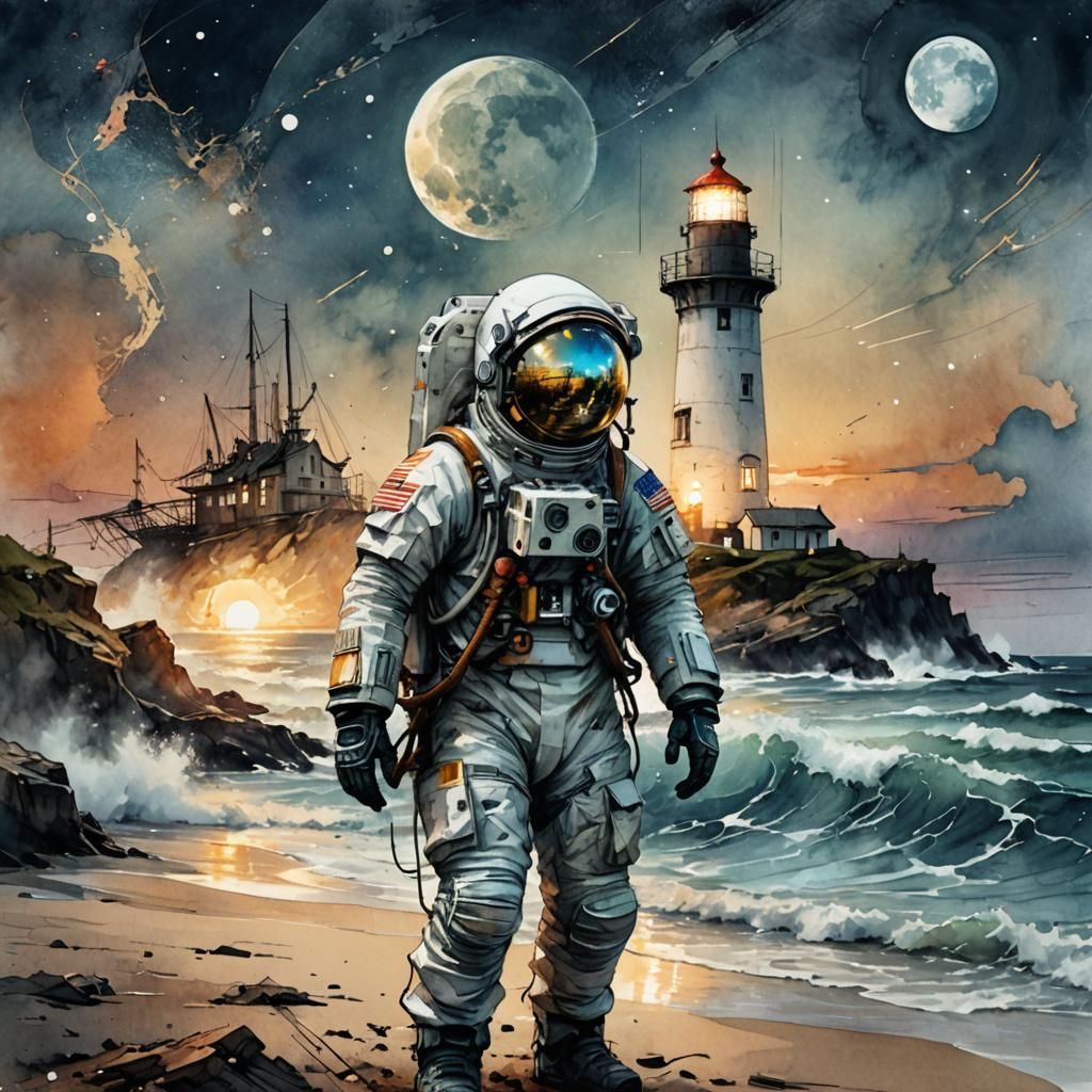 Astronaut on Space Beach: Digital Watercolor Art