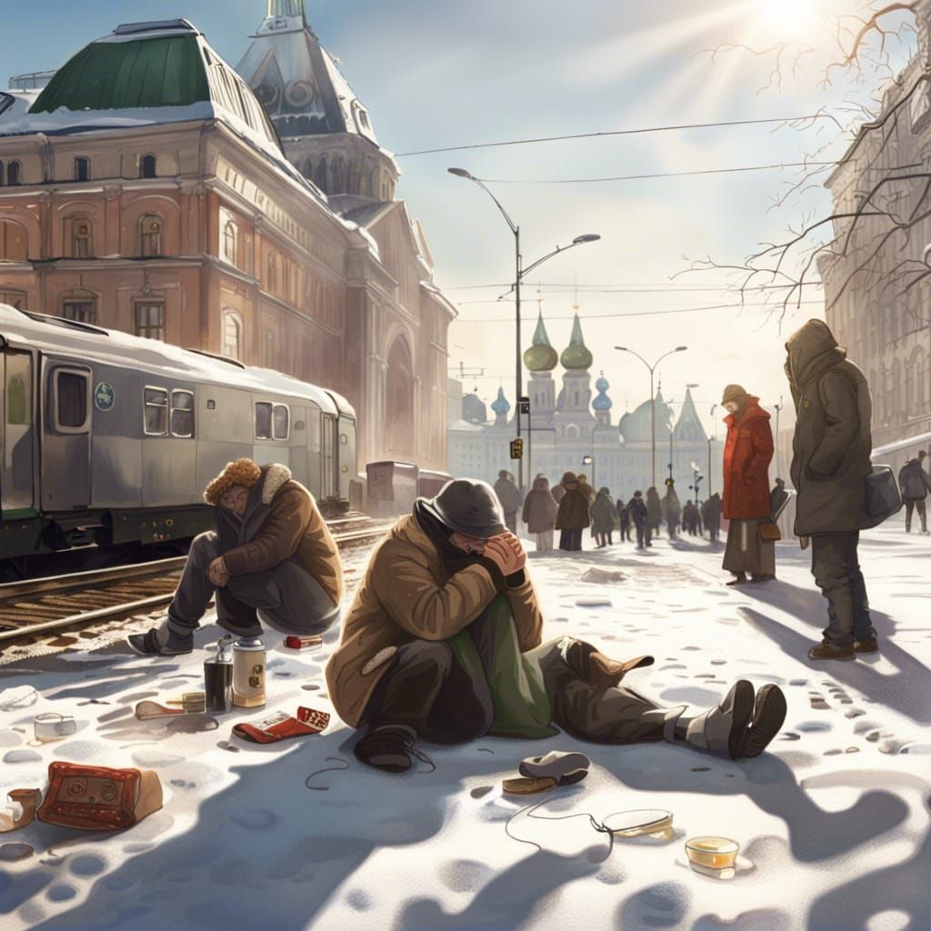 Moscow Train Station: Hyperrealistic Splash Art of Poverty