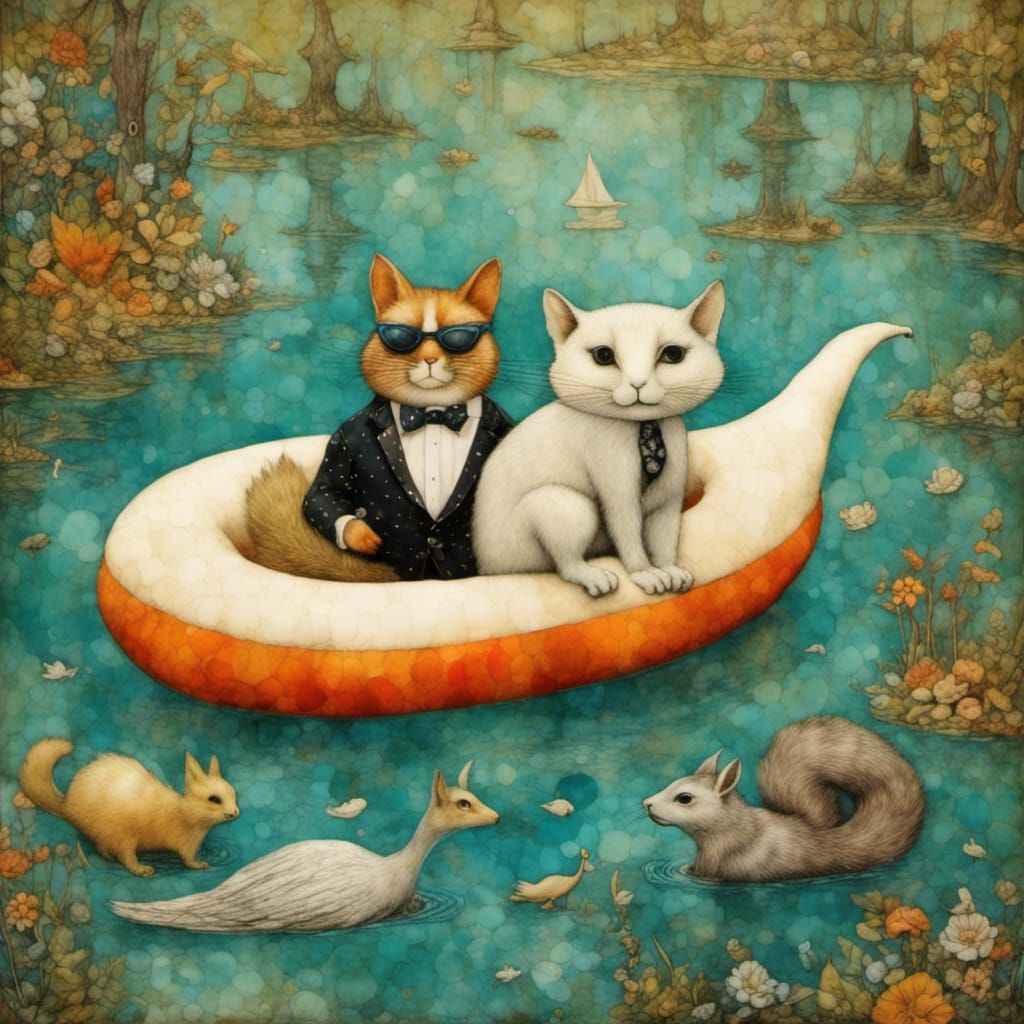 Whimsical Encaustic Collage: Cat and Squirrel Adventure