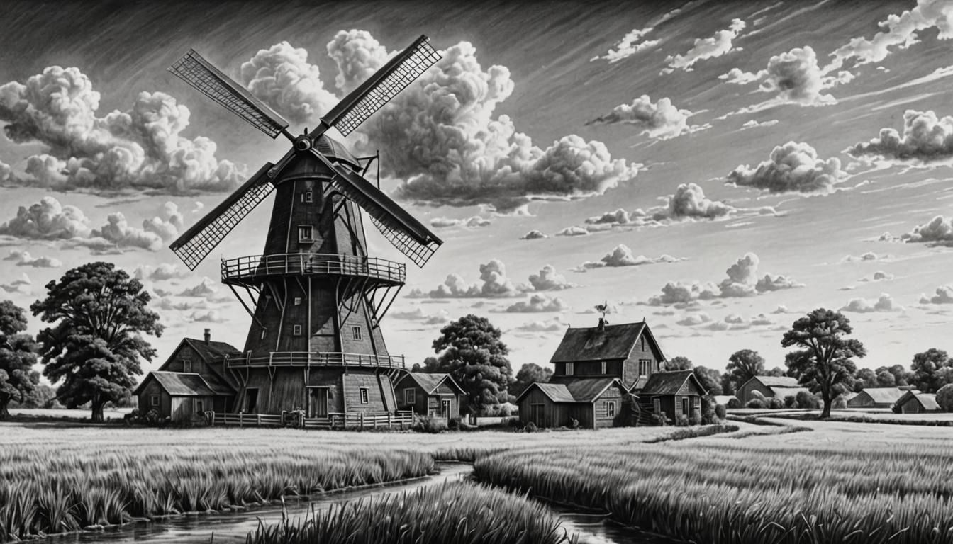 Detailed Black and White Pencil Sketch of a Windmill