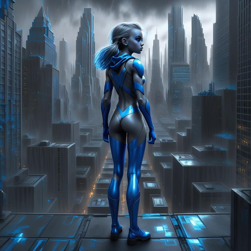 Blue Girl in Grey City: Dark Fantasy Concept Art