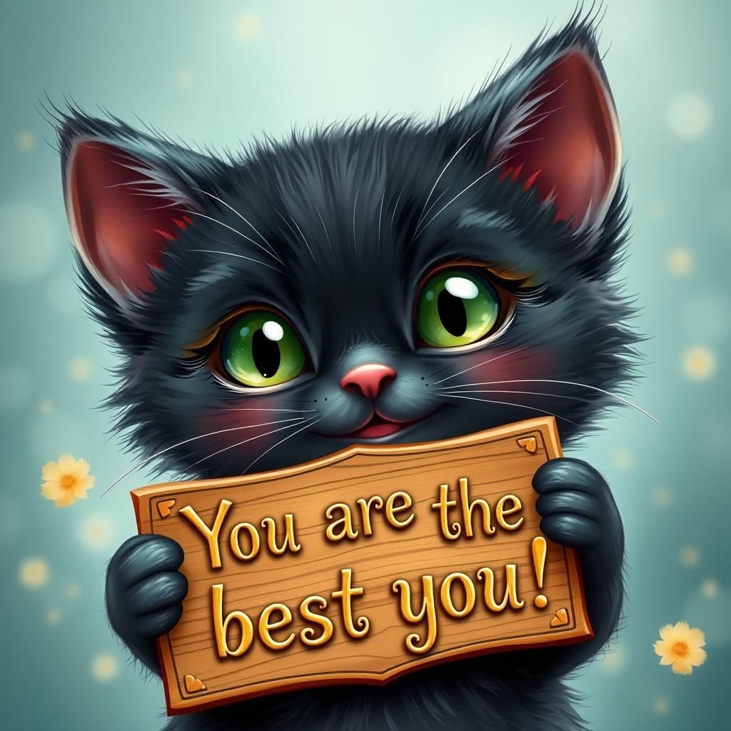 Fluffy Kitten Holds Encouraging Sign: Digital Illustration
