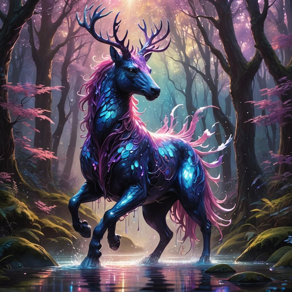 Ethereal Creature in Shimmering Forest: Hyperrealistic Splas...