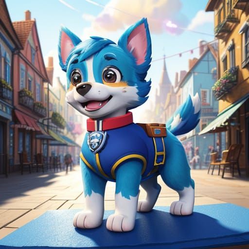 Brave Puppy in Blue Uniform, Colorful Town Square
