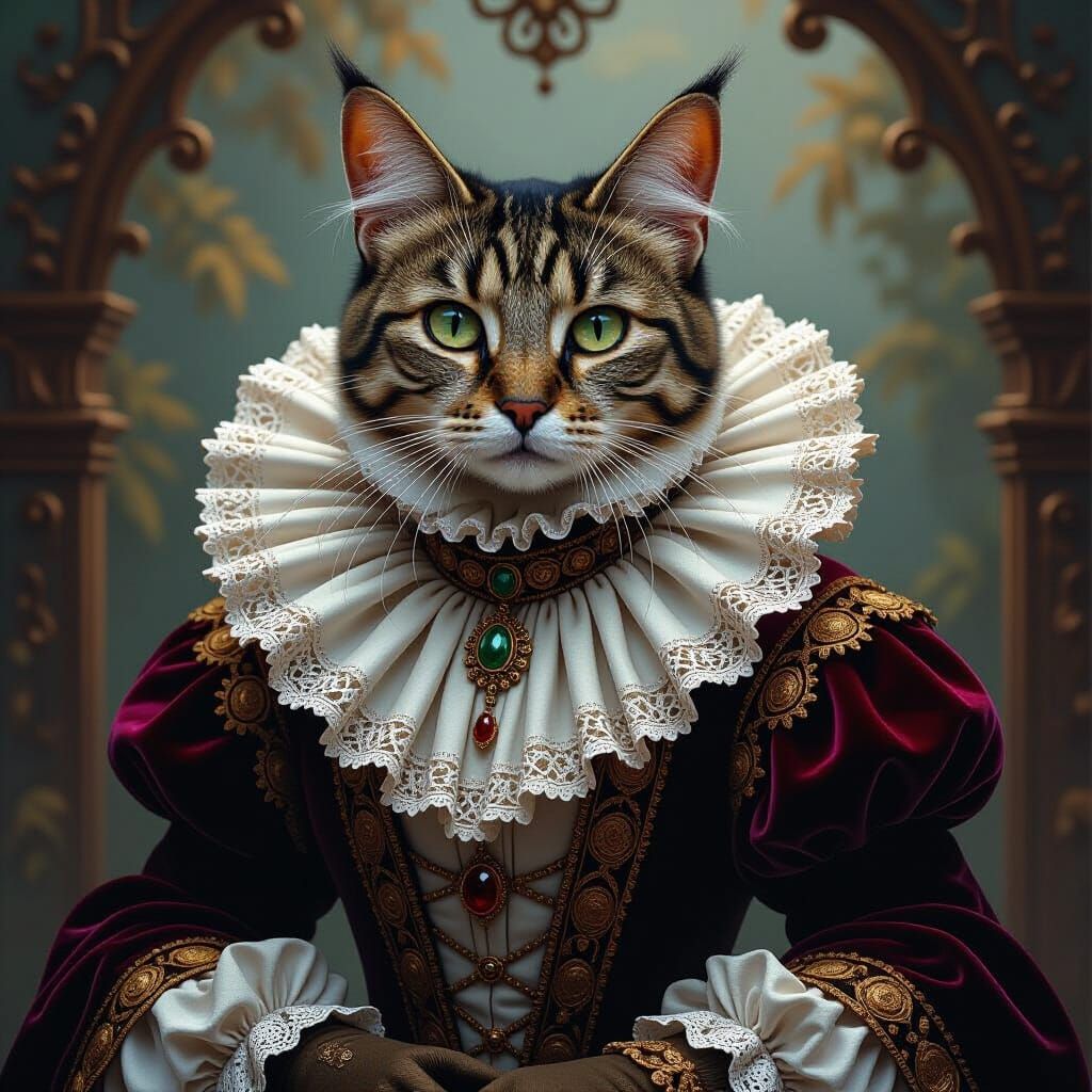 Renaissance Cat in Opulent Attire: Matte Painting