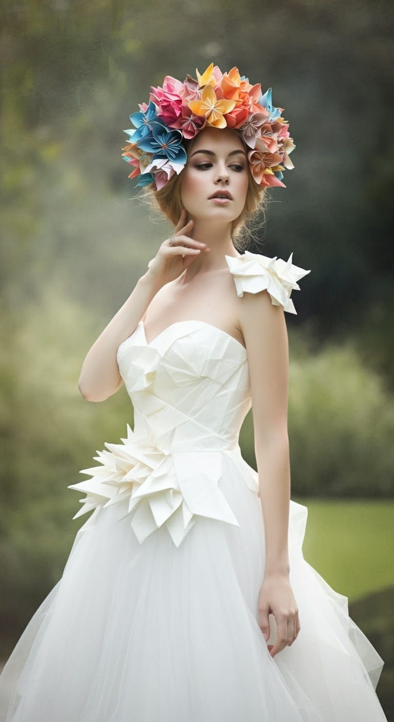 Ethereal Origami Bride in Dreamlike Garden Setting