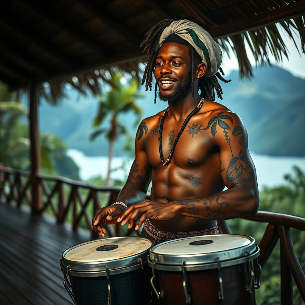 African Rastaman's Passionate Bongo Performance