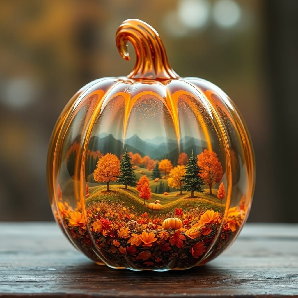 Glass Pumpkin with Autumn Landscape Inside