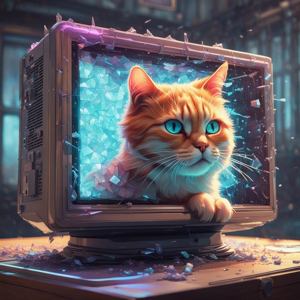 Cat in Computer Screen Portrait, Hyperdetailed Digital Art