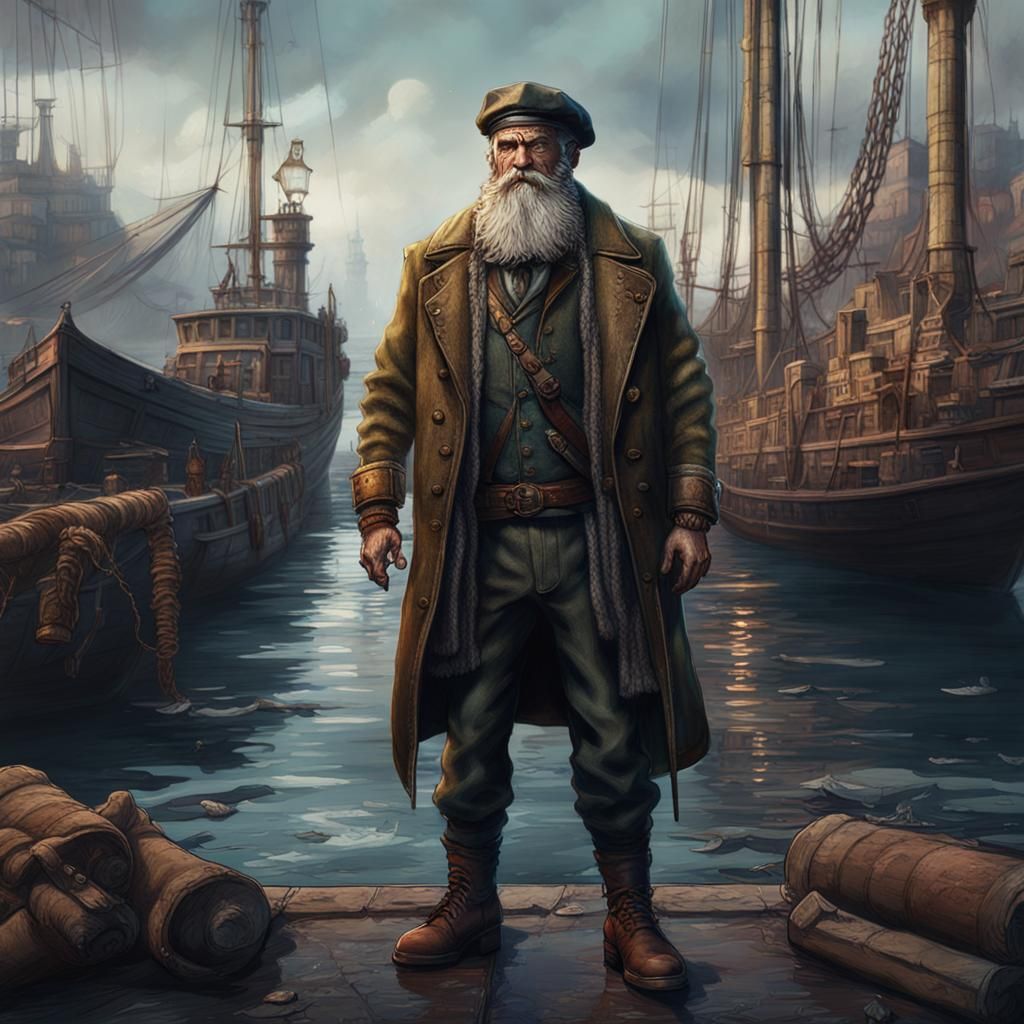 Bearded Man in Beret at Port, Detailed Matte Painting
