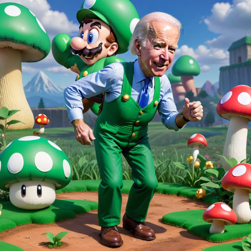 Joe Biden as Super Luigi in Mushroom Kingdom