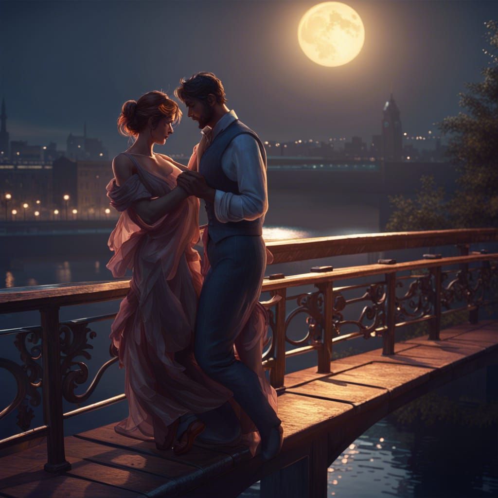 Romantic Moonlight Dance on Bridge, Art Nouveau Style