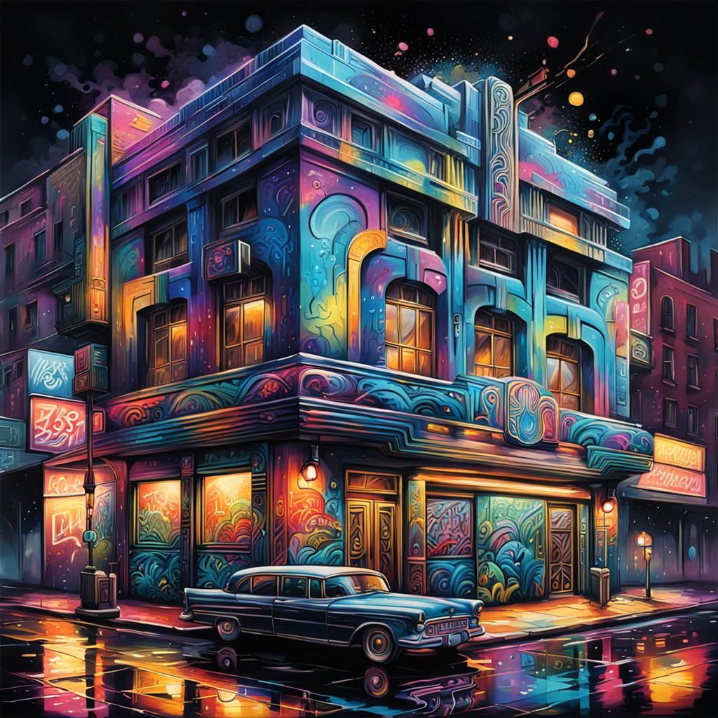 Art Deco Architecture at Night in Graffiti Style