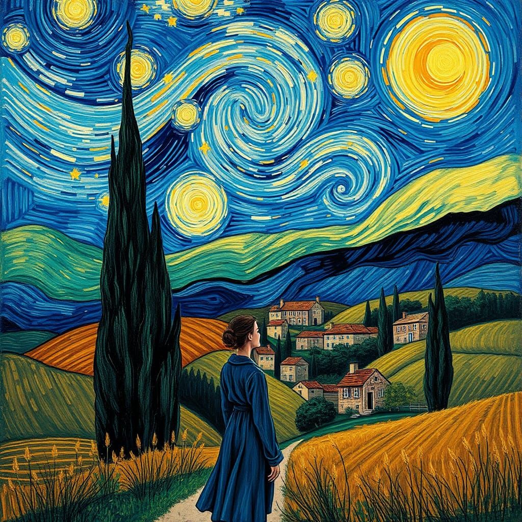 Woman Gazing at Starry Night Sky in Post-Impressionist Style