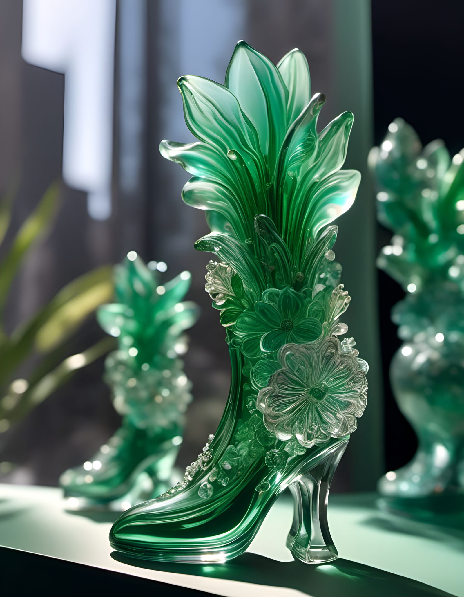 Glass Boot Filled with Green Astrosolidiers