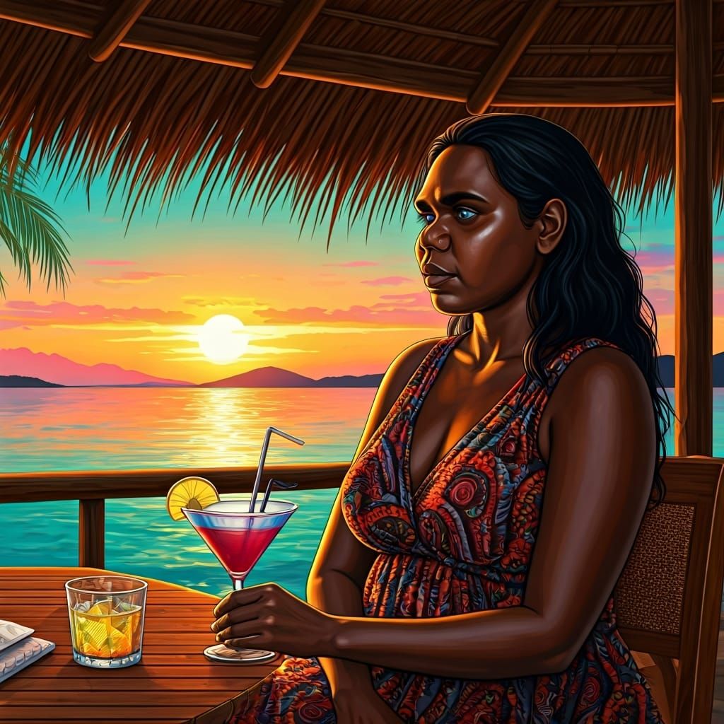 Aboriginal Woman Sipping Cocktail at Sunset