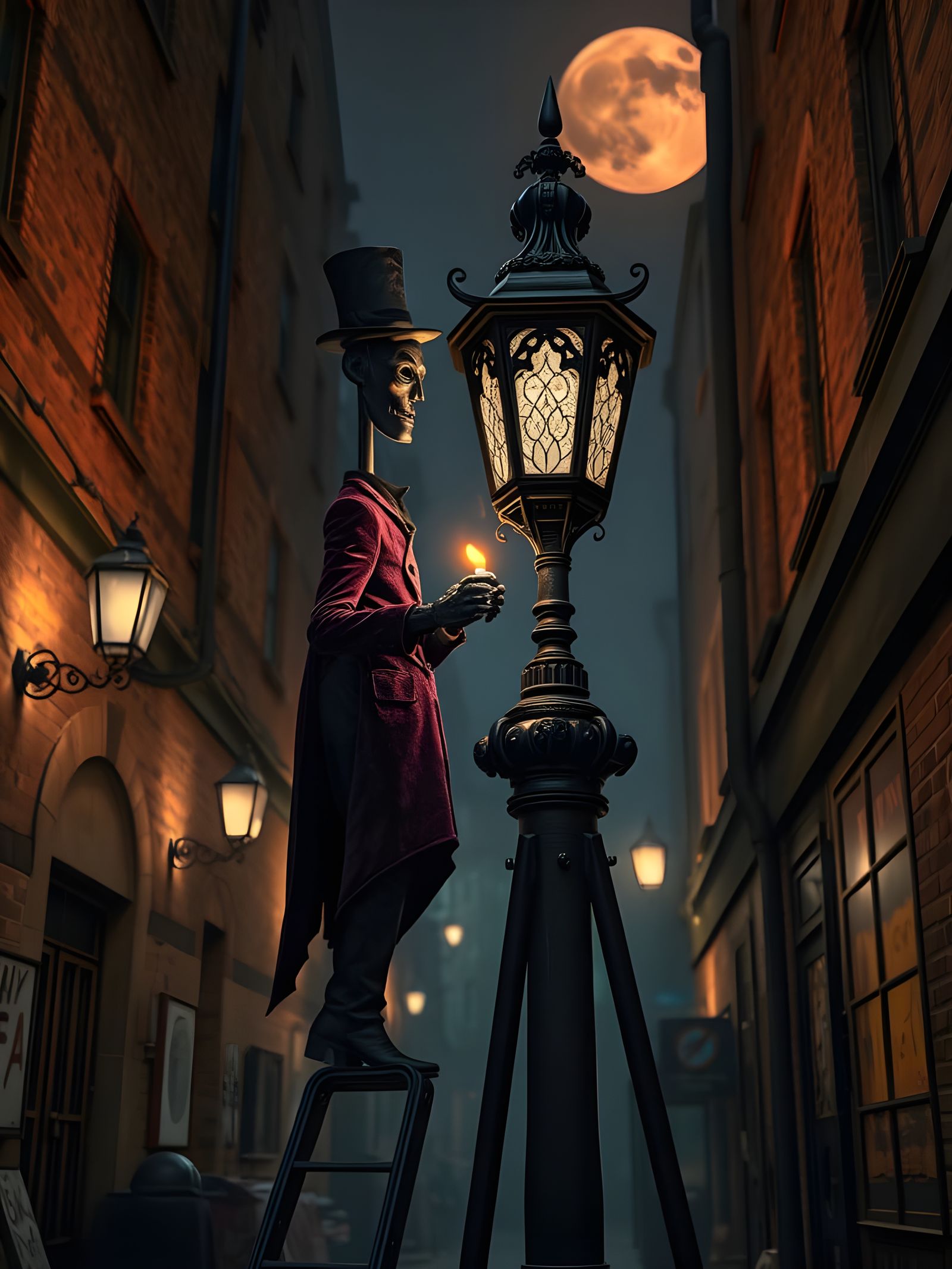 Gothic Robot Lamplighter in Victorian London Alley