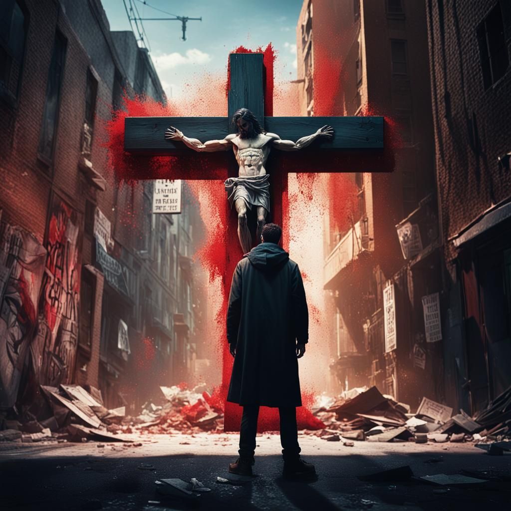 Distressed Man Hiding from Crucifix in Alleyway