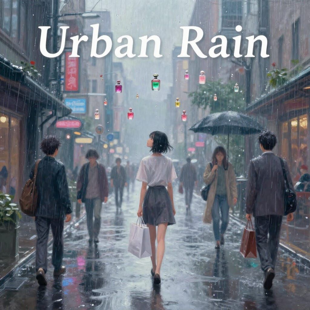 Surreal Urban Rain With Floating Perfume Bottles