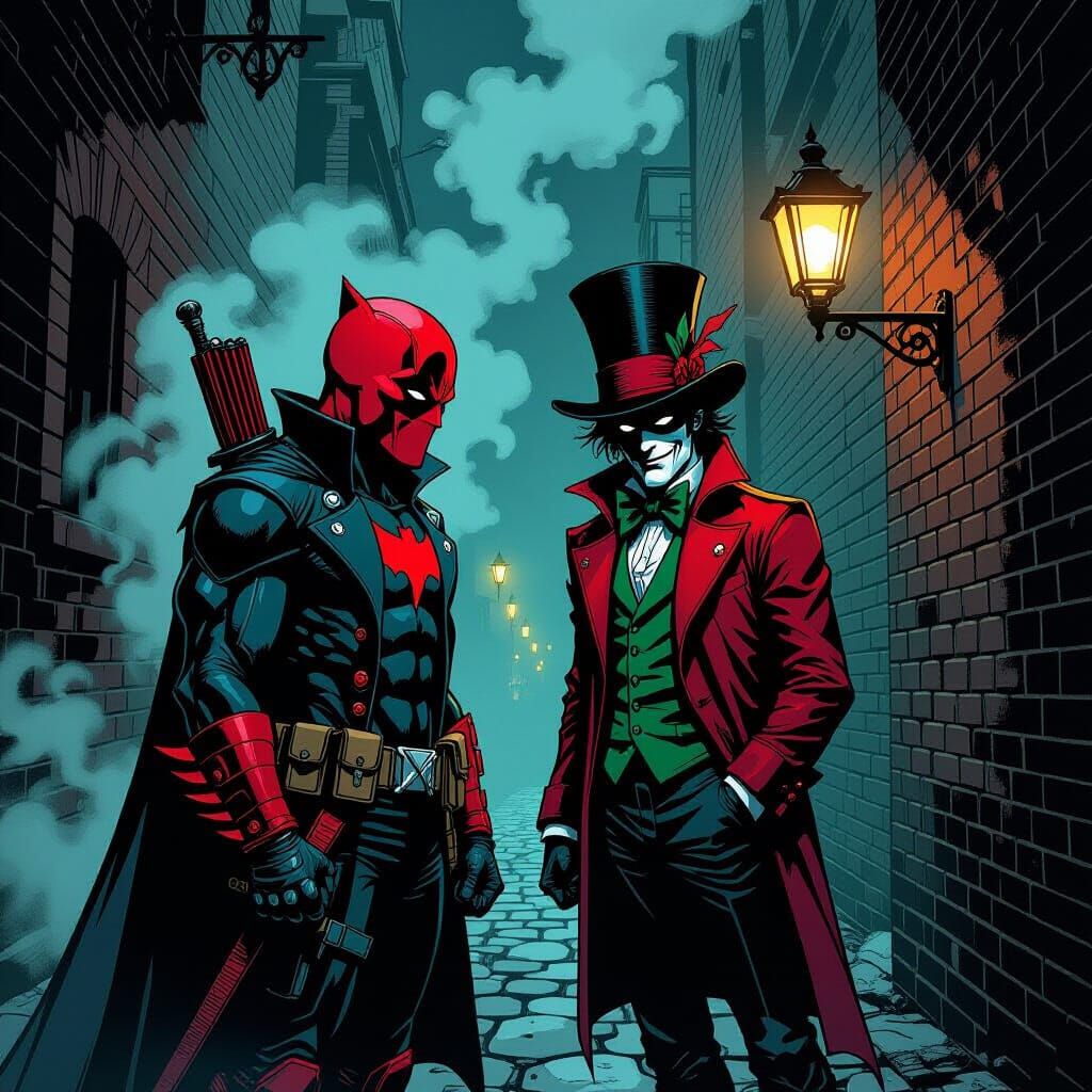 Red Hood and Mad Hatter in Gothic Alleyway Comic Style