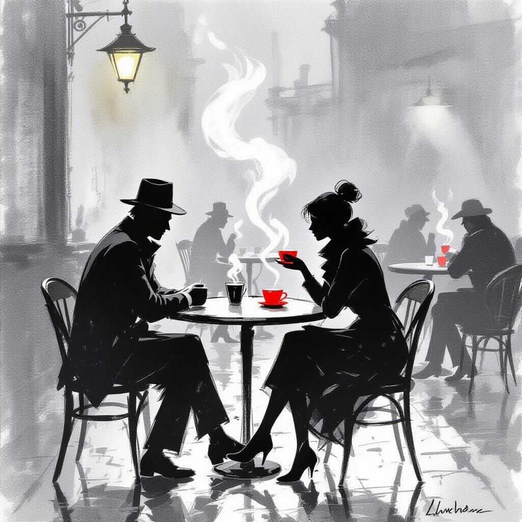 Monochrome Cafe Scene in Graphite with Red Accent