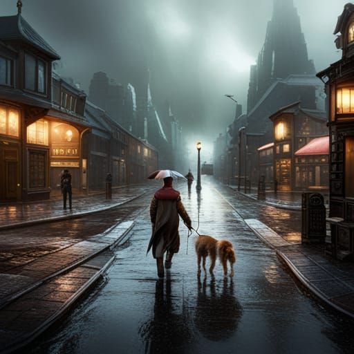 Dog Walking in Rain: Detailed Matte Painting