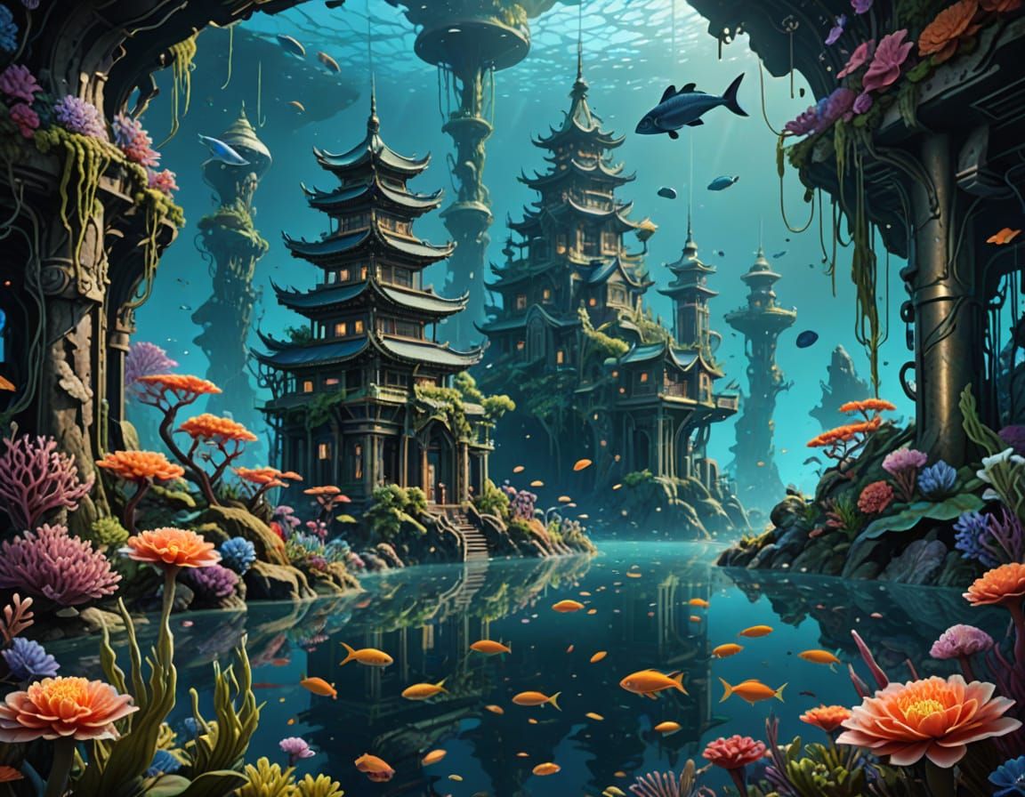 Bustling Underwater City in Kelp Forest