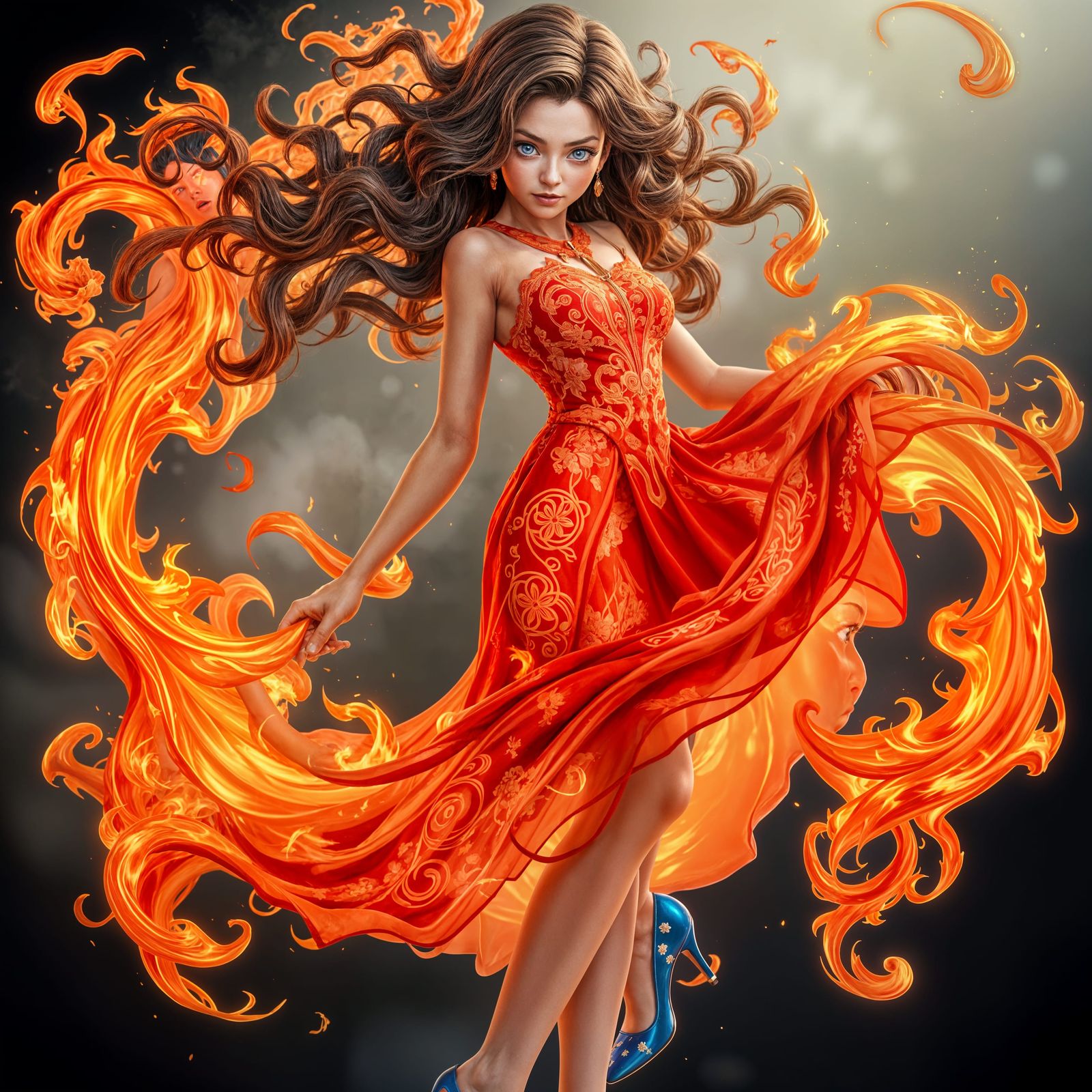 Fiery Anime Woman in Detailed 3D Art