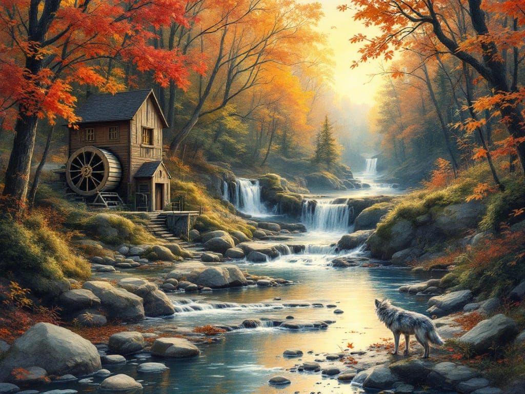 Wolf at Golden Sunrise in Autumn Forest