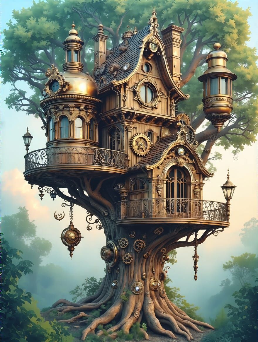 Surreal Steampunk Treehouse in Whimsical Fantasy Style