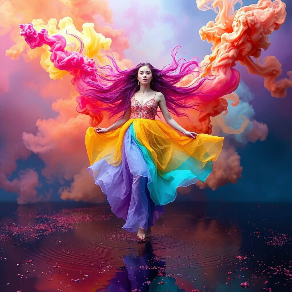 Woman of Chromatic Smoke Amidst Color Explosion