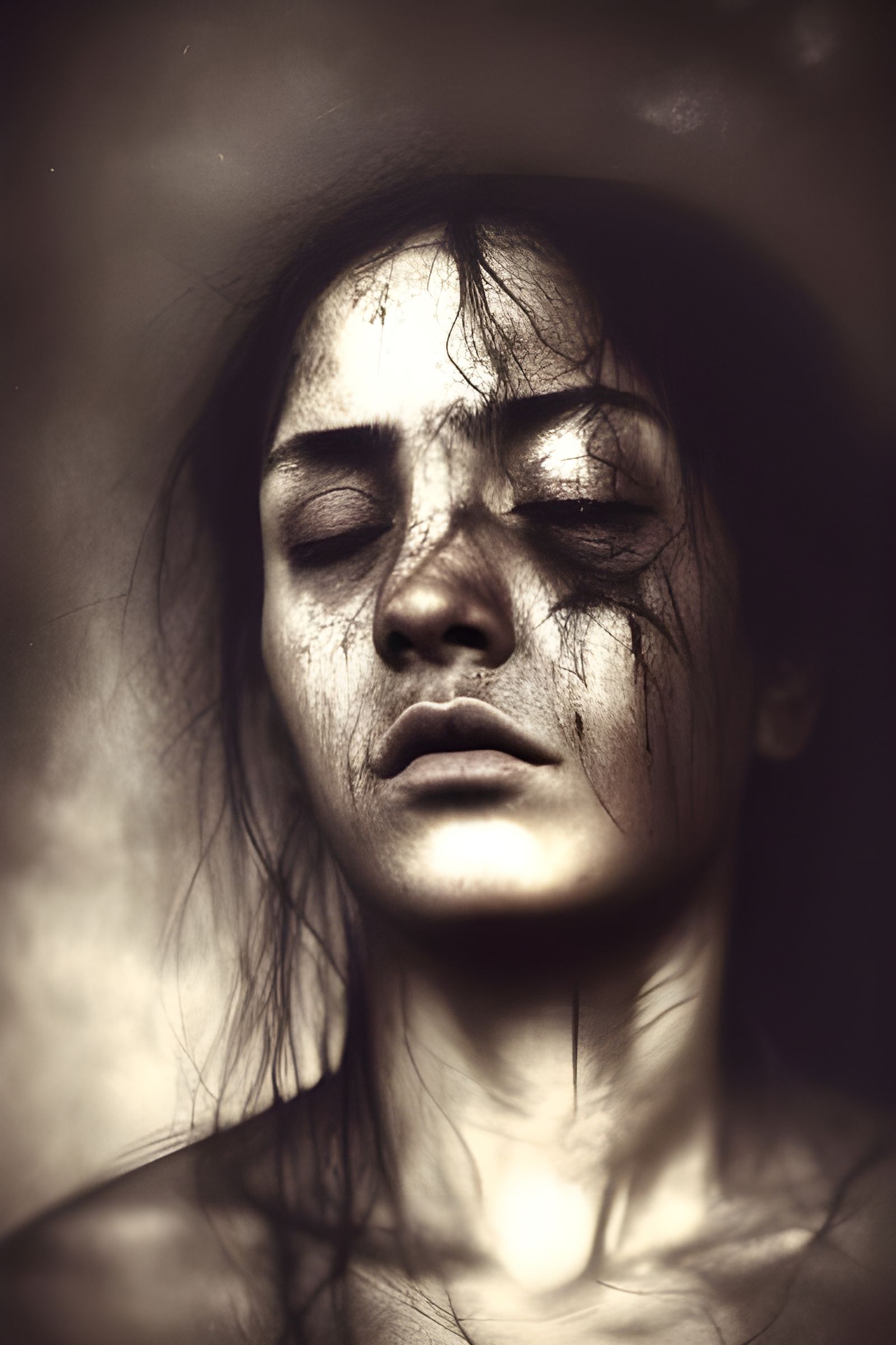 Grieving Hispanic Girl Portrait in Horror Style