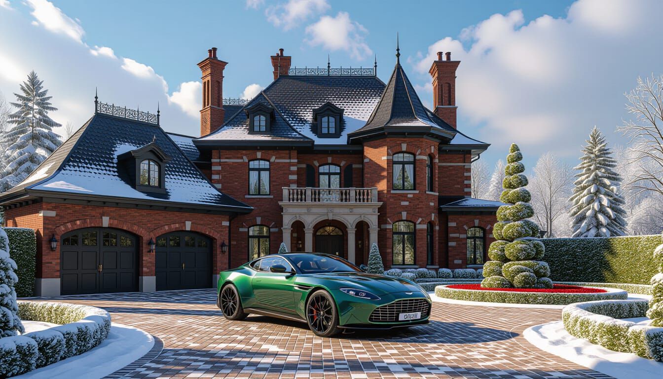 Victorian Chateau With Aston Martin in Painterly Style