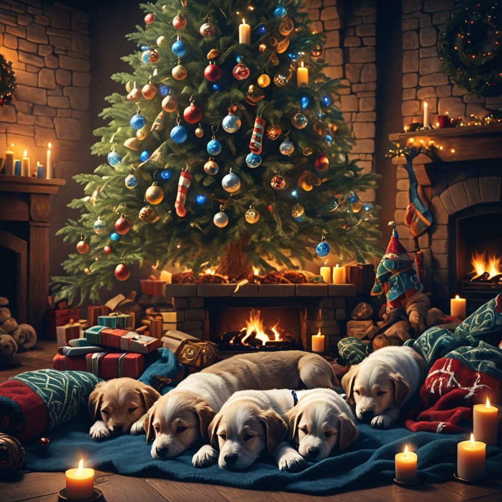 Puppies Sleeping Under Celtic Blanket: Digital Matte Paintin...