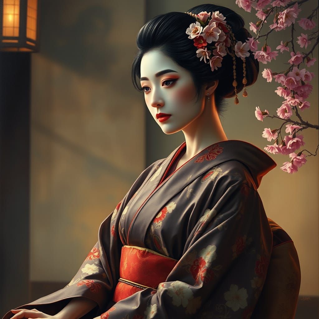 Exquisite Geisha in Soft, Golden Light