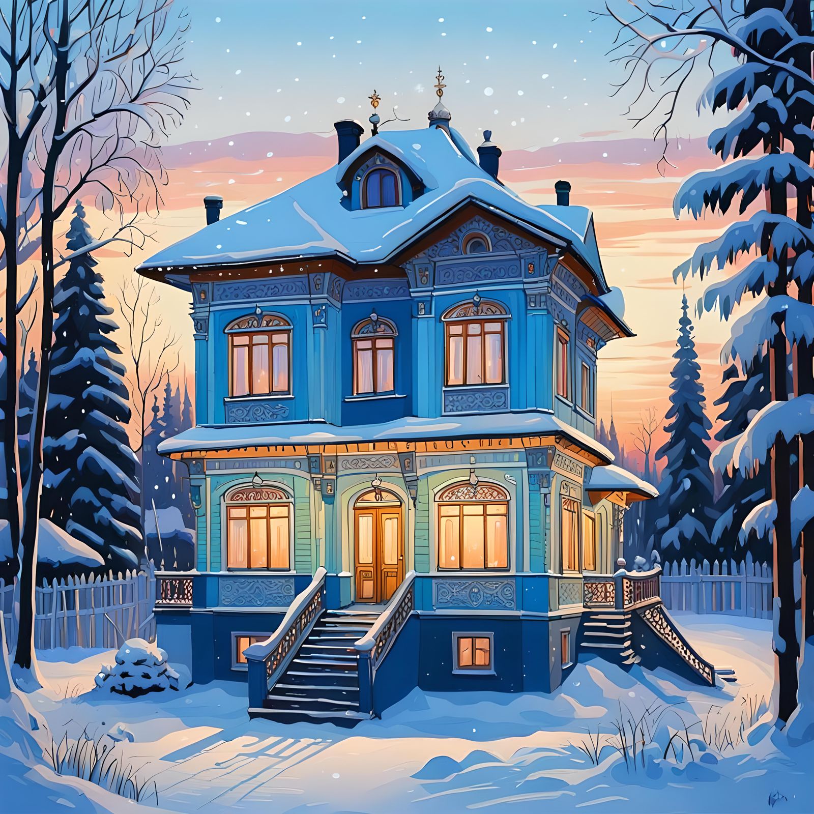 Russian Dacha Villa in Tomsk: Gouache Architectural Sketch