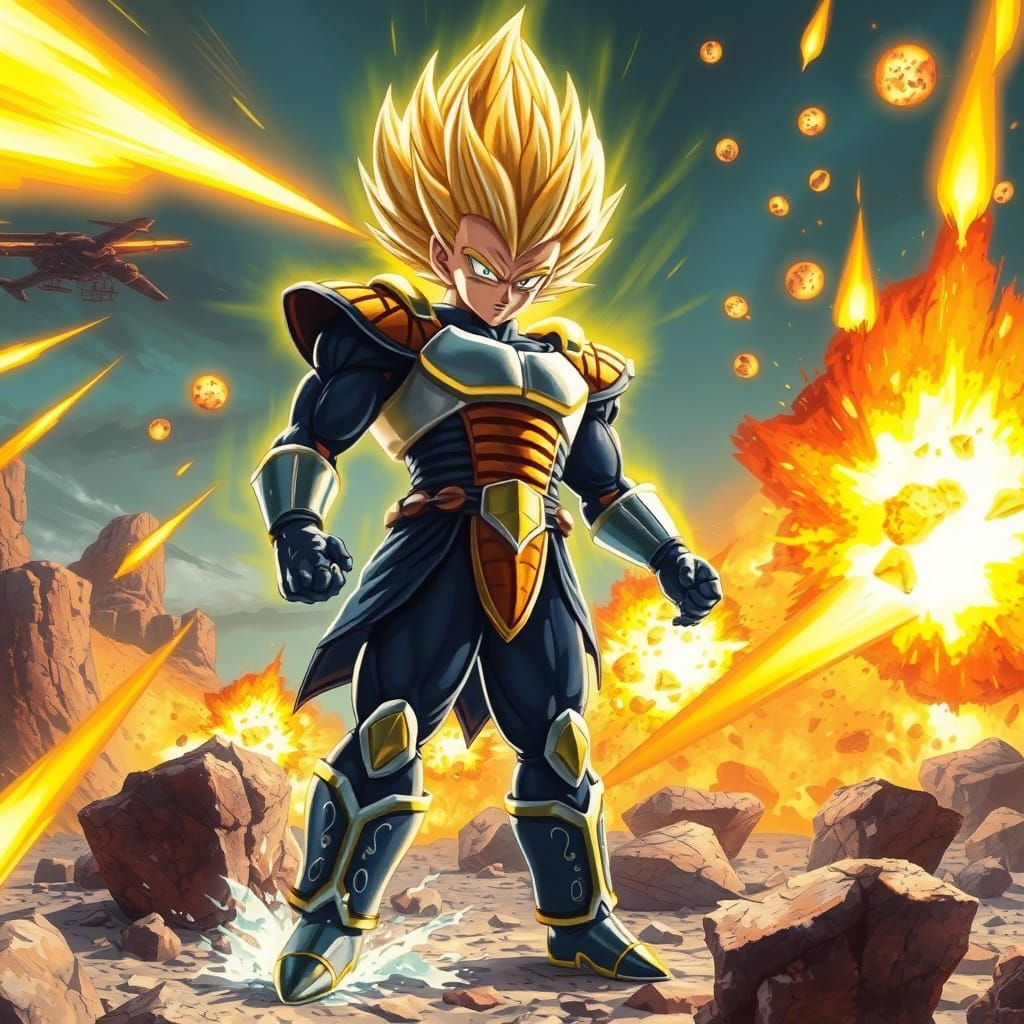 Heroic Vegeta in Saiyan Armor with Explosive Energy