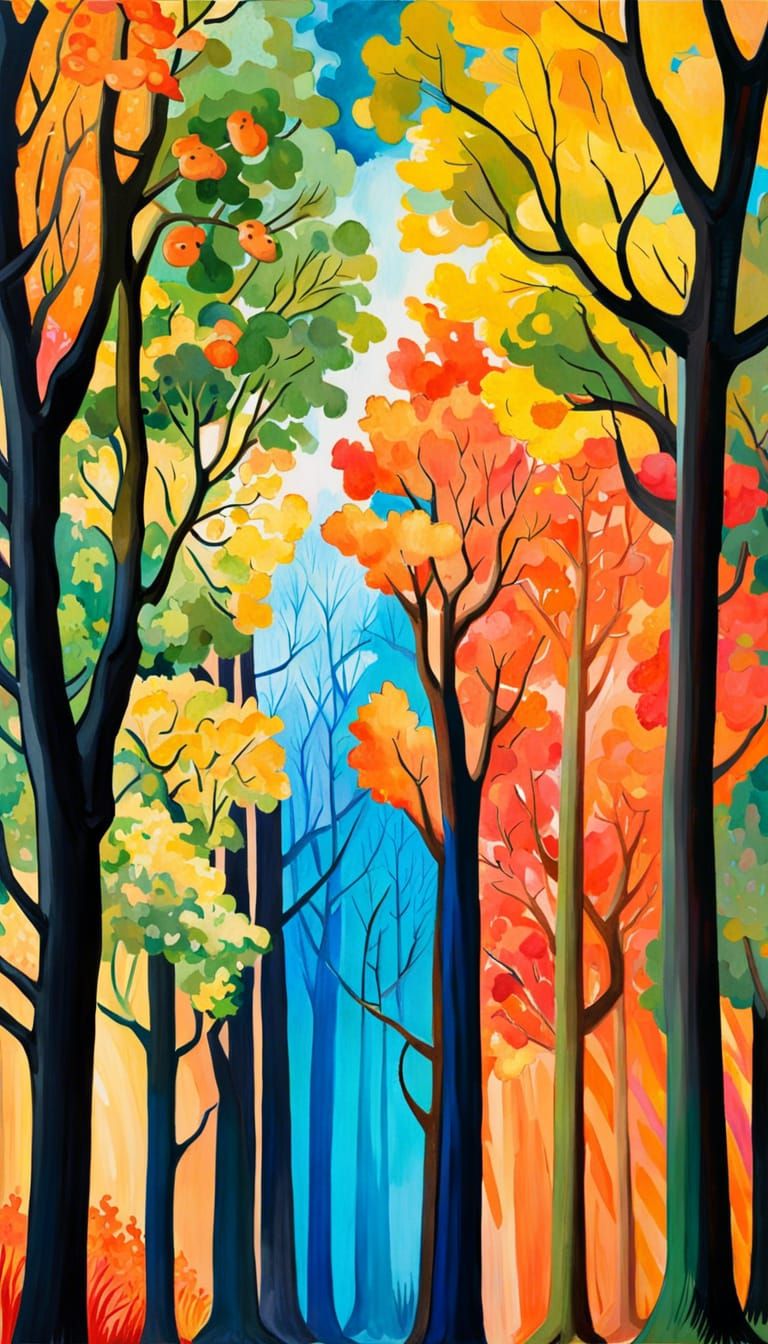Four Seasons Meet in Forest: Gouache Watercolor Style
