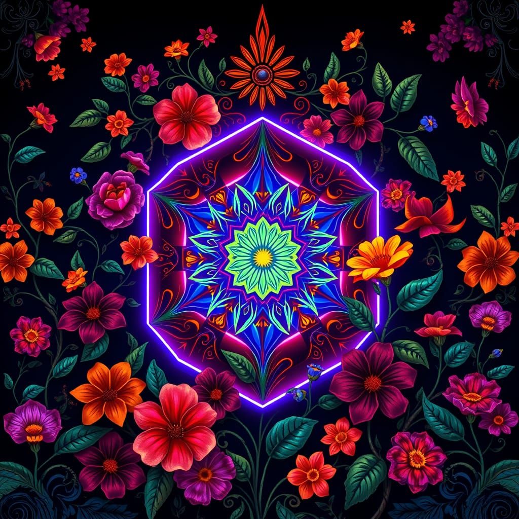 Vibrant Harlem Renaissance Hexagon in Electric Neon Art Deco...