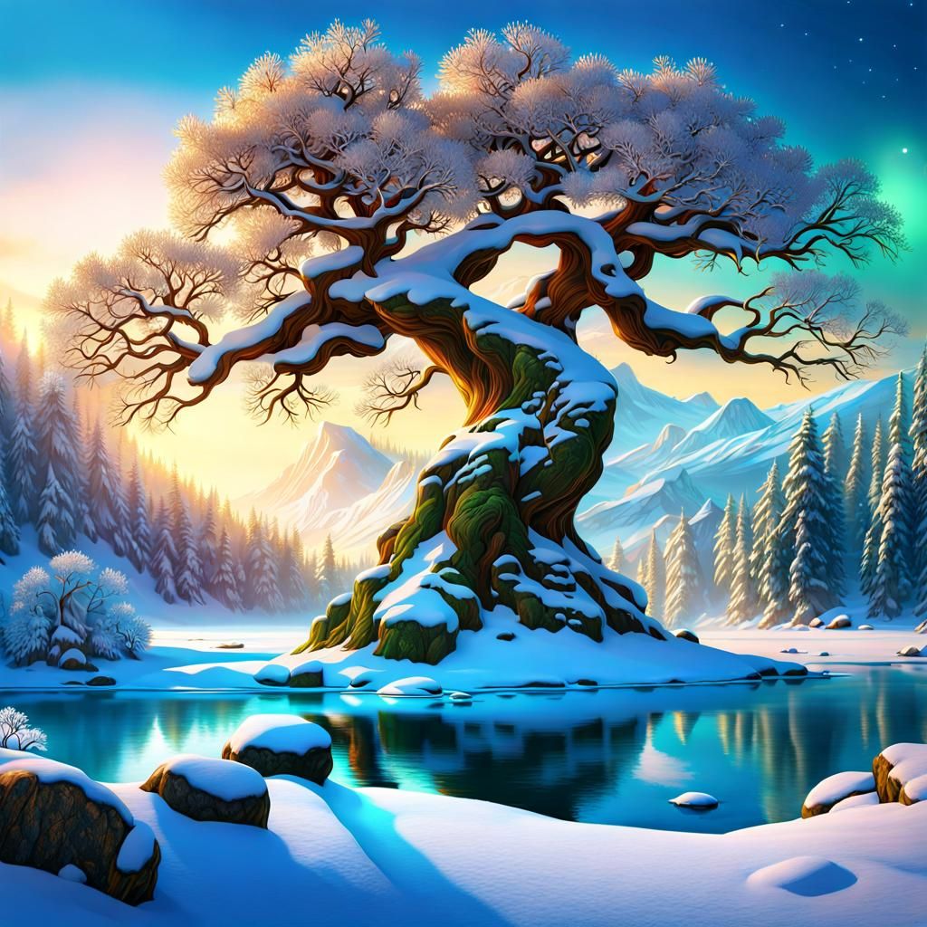 Enchanted Winter River Valley at Golden Hour