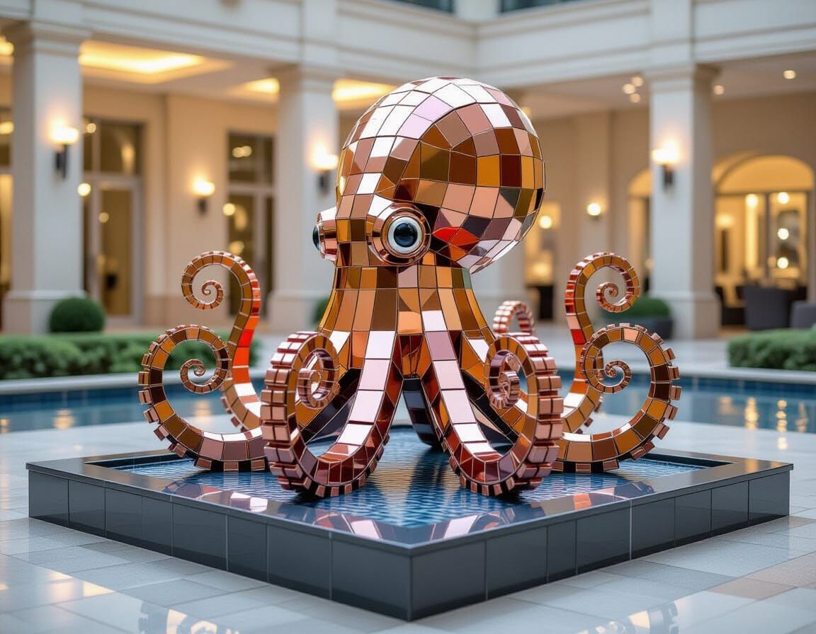 Art Deco Copper Octopus Fountain in Moonlight