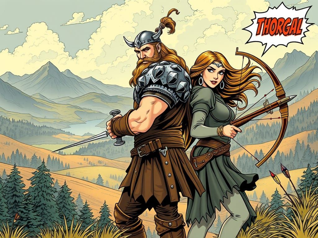 Thorgal and his wife in a medieval landscape.