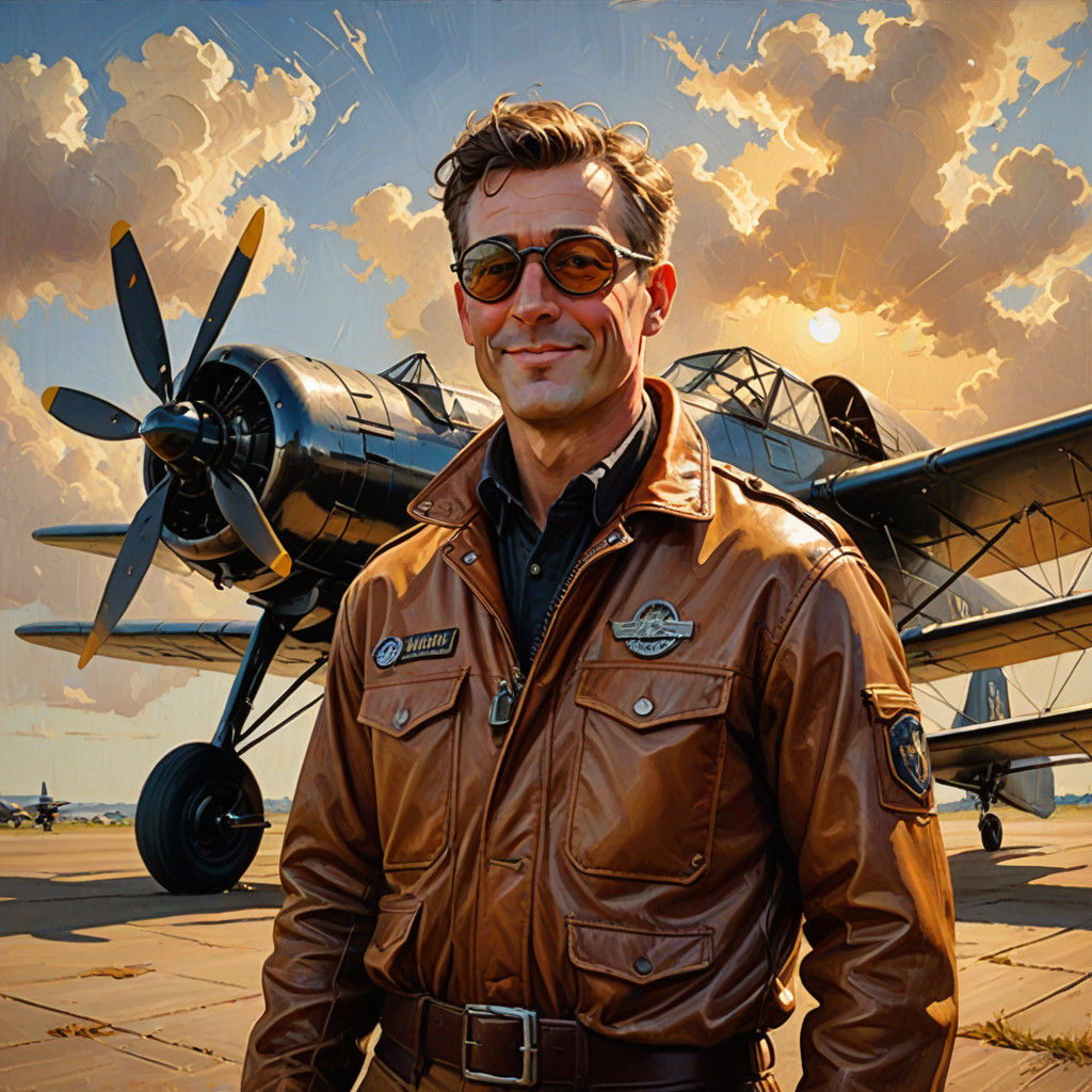 Vintage Aviation Pilot in Sun-Drenched Airfield