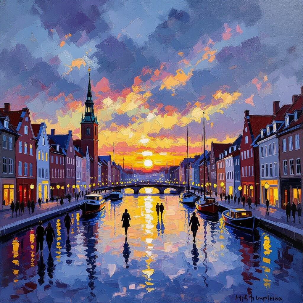 Aarhus New Year's Eve Sunset in Impressionist Gouache Style